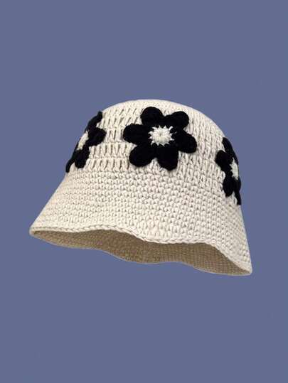 1pc Women's Floral Knitted Bucket Hat, Hyuna Style, Fresh Handmade Crochet Flower Beanie, Sweet & Versatile, Suitable For Daily Wear