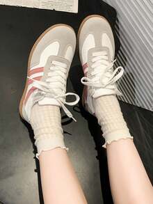 Women's Multifunction Color Block Solid Preppy Style Casual Shoes, Flat Non-Slip Lace-Up Round Toe Rubber Sole Casual Sneakers, Black & Khaki Color Block, Suitable For Daily Wear, Sizes 36-41, Fashion - Red - View 4