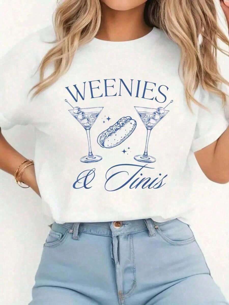 Weenies And Tinis Hot Dogs With Martini Cocktail Party T-Shirt Print T-Shirt Casual Crew Neck Short Sleeve Comfort Tee Top For Spring & Summer Women's ClothingBreathable Sweat-Proof T-Shirt Streetwear Aesthetic-365T100% Casual Round Neck Short Sleeve T-Shirt-365T - White - View 1