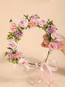 1件粉色玫瑰花波西米亚新娘头饰，浪漫婚礼花冠，皇冠，头饰，头饰，头饰，发圈，发饰藤蔓，夏威夷风情女装，发饰，准新娘，情人节配饰，女士发饰 - 彩色 - 查看 2