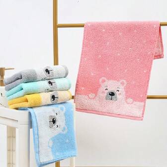 Blue 100% Cotton Towel, Cute Bear Design, Soft & Absorbent Face/Hand Towel, Bathroom Home Use