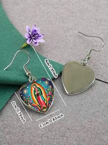 1 对圣母玛利亚印花玻璃和不锈钢耳坠，耶稣圣母心形女款 - 彩色 - 查看 8