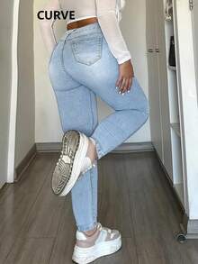 Fashion Versatile Solid Color Mid-Waist Large Size Jeans Four Seasons Female Small Feet Lift Buttocks Sexy Tight Pants Female - 淺色水洗藍 - 查看 2