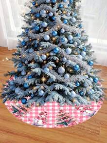 Christmas Tree Skirt, Pink Plaid Background With Warm Snowman Pattern And Christmas Tree Design, Christmas Party Decor Fabric, Christmas Tree Decoration