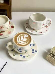 1pc Ins Style Hand-Painted Underglaze Ceramic Coffee Mug, Asymmetrical Hand-Molded Cup, Cute Fruit Pattern Coffee Mug For Home, Afternoon Tea, Milk, Juice, Beverage, Gift For Family, Friends Back To School - Multicolor - View 5