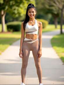 Traje de yoga para mujeres, blusa de cuello cuadrado y pantalones ajustados de cintura alta, diseño de color - Ropa de entrenamiento para correr y fitness, traje básico sexy, con dispositivo de elevación de caderas, adecuado para el trabajo y el entrenamiento. - Marfil+Caqui - Ver 3