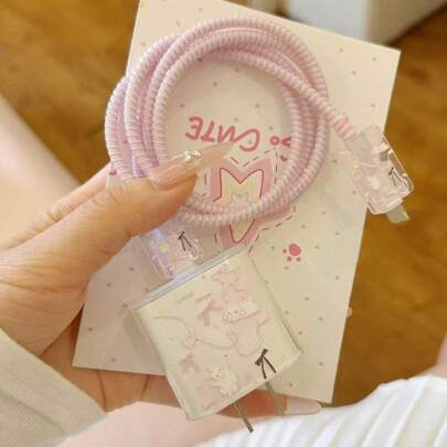 4pcs Pink Bow/Flower/Butterfly Apple 18/20W Data Cable Protector Sleeves, Compatible With IPhone 16/16 Pro Max/15/14/13/11 Charger Adapter & Charging Cable Anti-Bending Soft Case