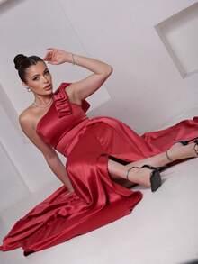 Long Dress For Bridesmaid – One Shoulder With Ruffle And Slit Elegant Simple Elegant Party Satin Side Opening Zipper Pleated Bridesmaid Civil Wedding Debutante Graduate Formal And Evening - 珊瑚粉 - 查看 2