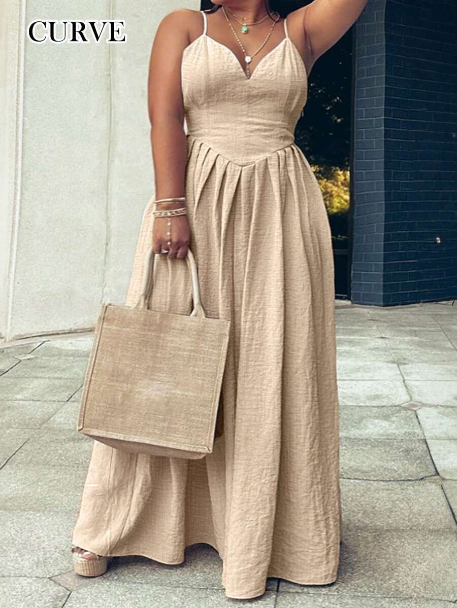 Váy yếm xếp ly hở lưng dành cho nữ cỡ lớn, mùa xuân/hè - Màu Khaki - Xem 1