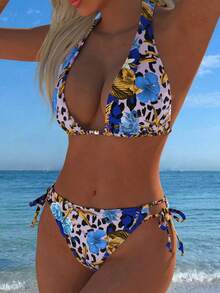 Floral Print V-Neck Halter Sexy Backless Beach Vacation Bikini Set Set - Multicolor - View 3