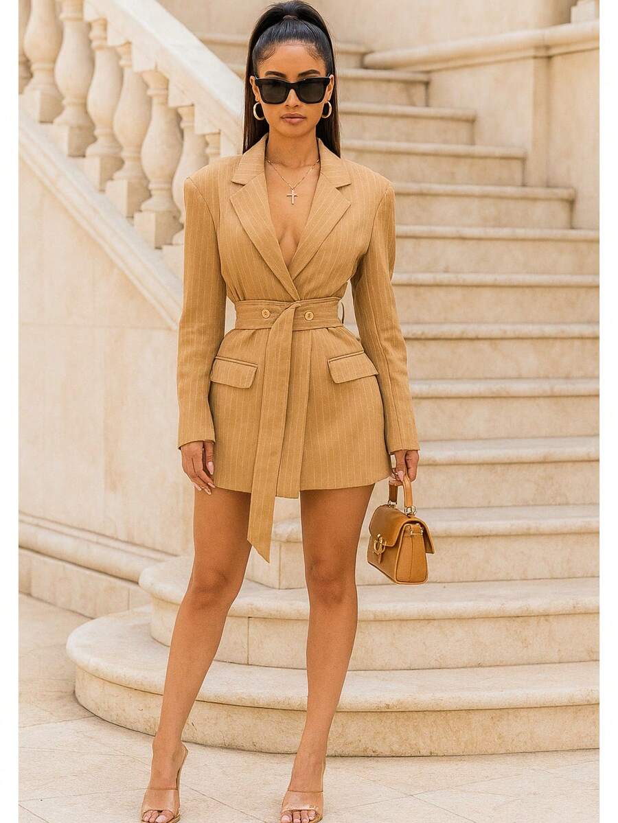 The Boss Pinstripe Blazer Dress  Striped  Plain    Elegant    Button Front  Belted  Pocket    Office - Màu be - Xem 1