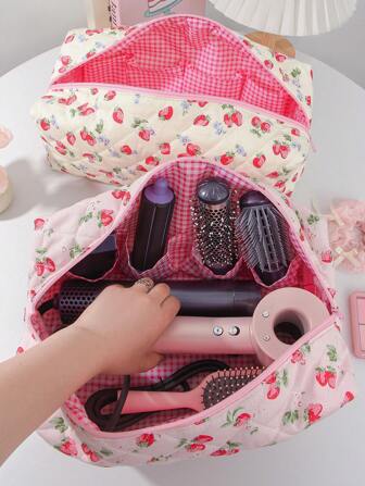 1 件可爱草莓图案印花吹风机收纳袋卷发器收纳袋旅行便携式吹风机收纳袋多功能化妆包化妆品收纳、护发精油收纳袋、旅行洗漱包手提包防尘大容量电卷发棒直板夹保护套吹风机收纳旅行必需品