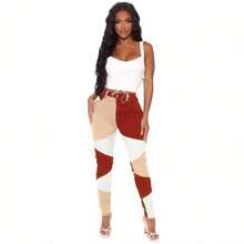 Women High Waist Patchwork Jeans Stretchy Denim Pants - 黑色 - 查看 4