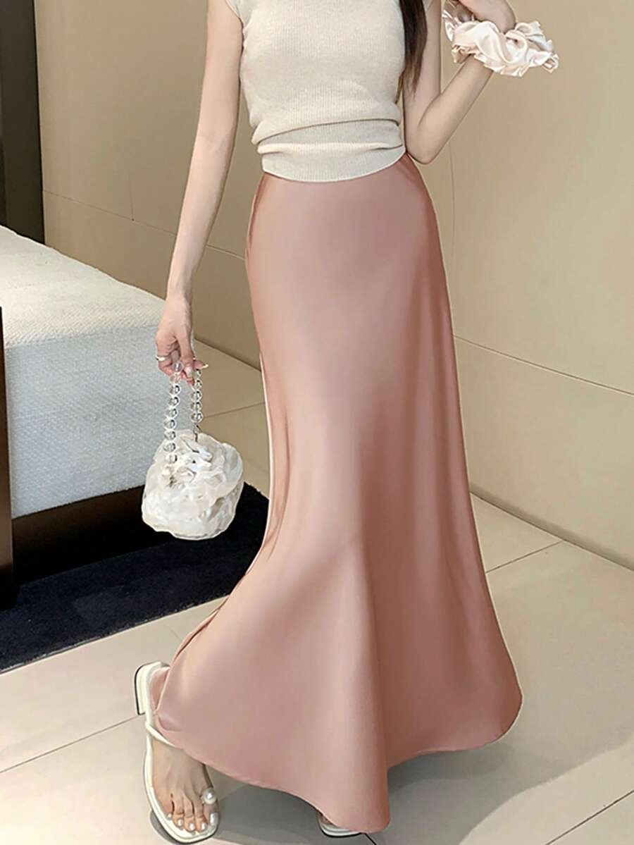 2024年夏季新款高腰修身复古缎面荷叶边鱼尾裙女 - 粉色 - 查看 1