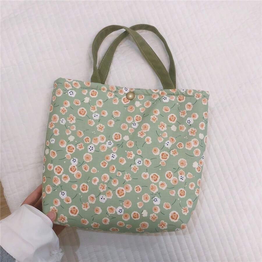 Women Tote Bags - 綠底粉小花 - 查看 1