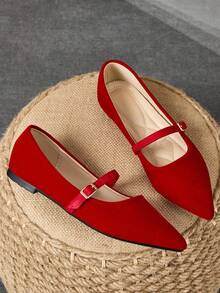 Pair Of Women's Flat Shoes, Pointed Soft Leather Work Shoes, Versatile Shoes, Bean Shoes, Women's Pointed Shallow Mouth Soft Sole, Fairy Style Flat Heel, Shallow Mouth Commuting Single Shoes - 紅色 - 查看 2