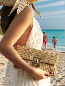 Túi cầm tay cói nhiều ngăn, khóa vặn, đi nghỉ - Màu Khaki - Xem 2