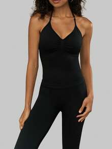 DINBEY Nouveau débardeur de yoga style impact sportif, Top de yoga ajustable pour femmes - Noir - Voir 2