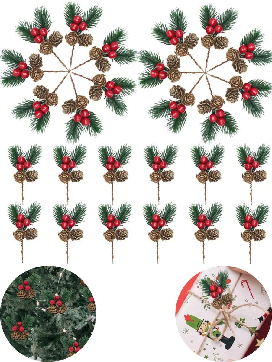 Christmas Floral Picks, Artificial Christmas Picks , Pine Cone Holly Berry Stems For Crafts, Artificial Christmas Picks And Sprays, Red Berry Branches Greenery For Christmas Home Decor, Garland, Wreath ,Christmas Decorations Room Decor