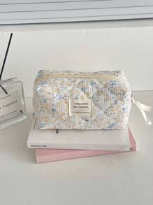 1pc/Set Floral Pattern Corduroy Makeup Bag, Multi-Functional Cosmetic Storage Pouch, Portable Zipper Makeup Organizer For Cosmetics, Skincare, Lipstick, Brushes, Hand Cream, Earphones, Coins, Keys, Small Items, Suitable For Home, Travel, Vacation, School, Makeup Bag, Toiletry Bag, Travel Essential, Cruise Essential, Dorm Essential, Bridesmaid Gift, Mother's Gift, Birthday Gift, Gift For Friends And Teachers - Yellow - View 4