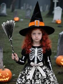 Set fustă scurtă de balet vrăjitoare pentru fete, cu pălărie și mătură, fustă scurtă cu curea elastică pentru dressing de Halloween, prințesă vrăjitoare costumată, violet negru portocaliu, articole de petrecere, decor cameră, cadouri de petrecere pentru copii - Multicolor - Vizualizare 4