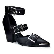 Western Chunky Sandals For Women Pointed Toe Block Heels Faux Leather Metal Buckle Strappy Pumps Ankle Strap Western Sandals - 黑色 - 查看 3