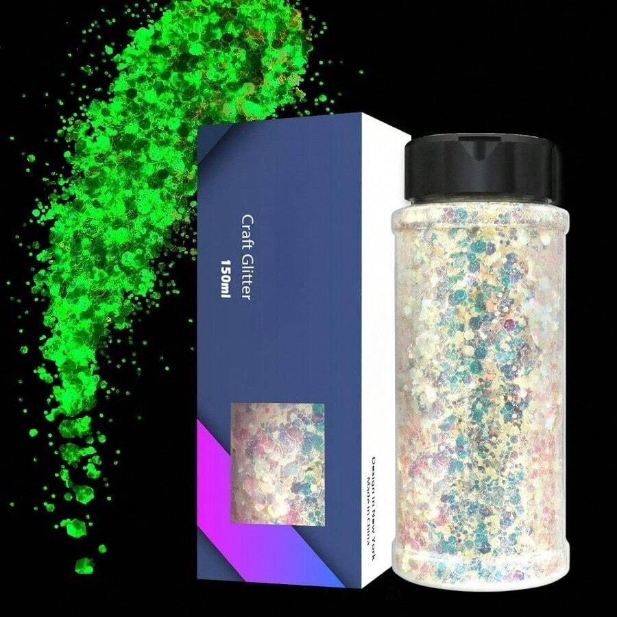 Glow In The Dark Glitter, 3.3oz/ 95g White Luminous Chunky Glitter Mix Fine Powder Flakes Fluoresnt Nail Sequins For Epoxy Resin, Tumblers, Halloween Party, Festival Decor - A-White + A-Mix Glow - 查看 1