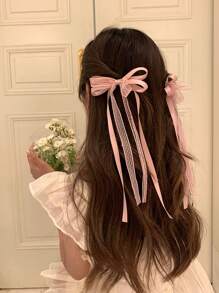 6pcs/2pcs Black/Beige/Pink 27cm/10.62in Extra Long Lace Mesh Ribbon Bow Hair Clips, Elegant Cute Simple Fashion Streetwear High-End Satin Lace Mesh Bow Retro Palace Style Minimalist, Suitable For Women Daily Decoration, Hairstyling, Makeup, Commute, Vacation, School, Party, Holiday, Gift, Claw Clips, Hair Claws, Hair Slide, Hair Barrettes, Alligator Hair Clip, Fall, Black Accessories, Winter Outfit For Women, Bows