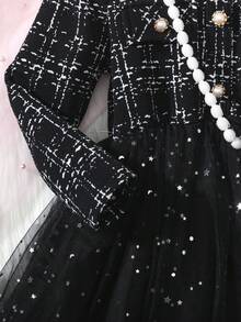 BASUSARRI 女童网眼拼接优雅连衣裙，带仿口袋和纽扣，圆领长袖时尚连衣裙，适合外出、聚会、生日、时尚配饰、春秋季 - 黑色 - 查看 4