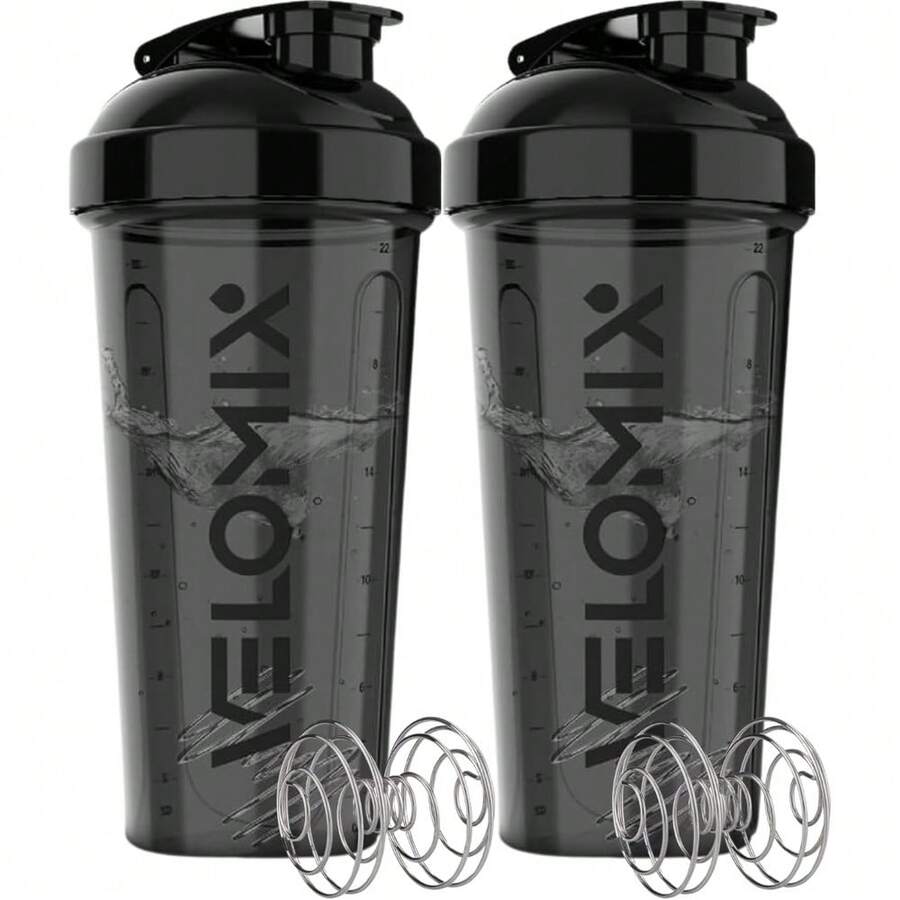 2 Pack 28oz Fitness Shaker Bottles With Stainless Steel Whisk Balls, Leakproof Protein Mixer Cup For Gym Workout School Travel, Includes Cleaning Brush & Wide Mouth Design For Easy Mixing - 9) Black Set - 查看 1