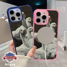 Compatible With IPhone 16 Pro Max 16e 15 Plus 14 13 12 11 XS Max XR X Goose Gathering Pattern Durable Magnetic Grip Shockproof Anti-Scratch Non-Yellowing Matte Translucent Colorful Border Protective Cellphone Case Gift - Black - View 4