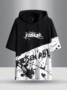 New Design Men Fashion Splash Ink Hooded Short Sleeve Hoodie - Black - View 2