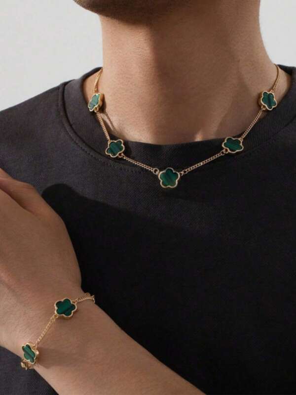 2pcs Fashion Men's Business Style Five Leaf Clover Lucky Clover Pendant Necklace With Matching Bracelet Set Valentines,Mom,Mother's Day,Gift