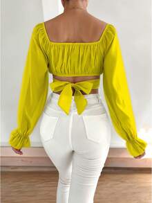 Blusa de Manga Abullonada Semitransparente con Escote Cuadrado para Mujer - Amarillo - Ver 3