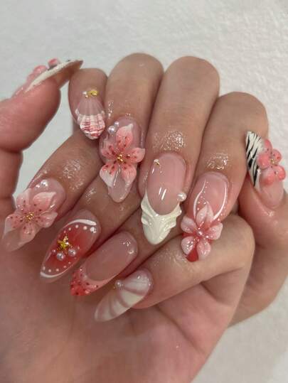 24Pcs/Set Leopard Print French Almond Shaped Elegant 3D Starfish & Floral Nail Art Stickers With 1Pc Jelly Gel And 1Pc Nail File, Romantic And Sweet Look For Daily Wear And Dates Press On Nails Nail Supplies Nails