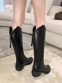 1双女士尖头粗跟厚底高筒靴，橡胶防滑鞋底，后拉链设计，时尚百搭高筒靴，棕色优雅秋冬过膝靴，户外靴 - 棕色 - 查看 4