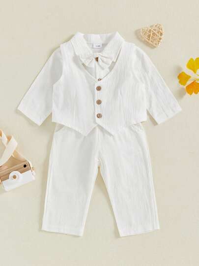 Baby Boys Autumn 3Pcs Pants Sets Long Sleeve Lapel Button Romper Waistcoat Suspender Pants Sets