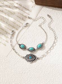 2 piezas Conjunto de pulseras de estilo occidental con turquesa, adecuado para uso diario