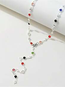 1 pezzo Nuova collana lunga a forma di Y con perline di vetro rotonde stile bohémien, colore oro/argento, adatta per feste, gala, vacanze, estate, decorazioni da spiaggia, colore scintillante casuale