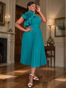 Plus Size One-Shoulder Ruched 3D Rose Graduation Dress, Suitable For Summer, Christmas Party, Valentine's Day, Independence Day - Green - View 3