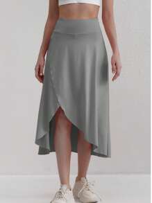 Plus Size Asymmetrical Hem Skirt, Black High Waist Long Skirt Design, Slimming Umbrella Skirt