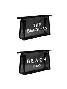 1 件网状镂空尼龙“THE BEACH BAG”、“BEACH PLEASE”、“Beach Viles”白色字母印花女士便携网眼化妆包，海滩度假旅行便携大容量多用途化妆包，女士化妆包旅行盥洗收纳包 - 黑色 - 查看 15