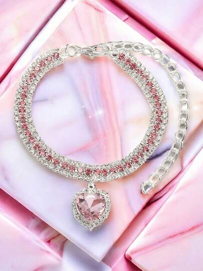 Collar con colgante de corazón de cristal con rhinestones para gatos y perros, accesorio de decoración para collar de mascotas con estilo de princesa colorida, regalo de Navidad y Año Nuevo, collar de mascota de tres filas con diamantes con colgante de corazón, collar de strass ajustable con brillo para gatos y perros para boda y fiesta de cumpleaños