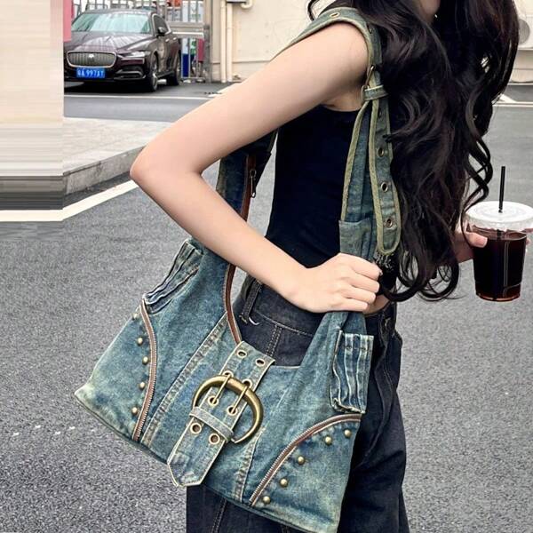 Y2K Punk Style Fashion Women's Bag, Body Heavy Design Hot Girl Style Studded Fashion Tote Bag, Shoulder Strap Can Be Adjusted, Suitable For Shopping, Travel, Daily Travel
