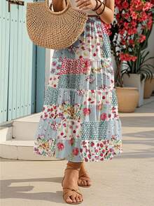 New Four-Season Bohemian C Pastoral Fresh Full-Body Floral Print Multi-Layered Tiered Ruffled Flounced Plus-Size Midi Skirt For Hawaii Vacation. Suitable For Dates, Beaches, Independence Day, And Valentine's Day.