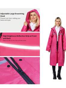 Pahajim Long Lightweight Waterproof Raincoat For Adults With Hood - Unisex Rain Poncho Jacket, Windbreaker - 玫瑰紅 - 查看 4