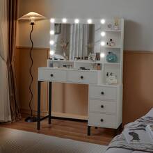 100cm White Dressing Table Vanity Makeup Desk With LED Mirror, 5 Drawers, Storage Shelves, LED Light Bulbs - Metal Leg, Makeup Dressing Table With Led Lighting Mirror For Girls Bedroom - Multi-Level Shelves, Color Mode Brightness Adjustable - 白色 - 查看 7