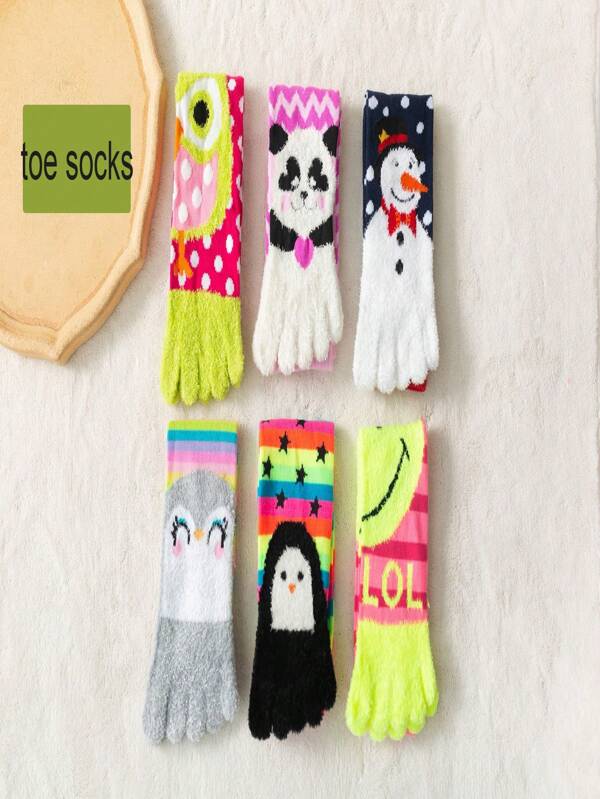 1 Pair Women's Five Toe Yoga Socks, Home Pilates Dance Socks, Cute Animal Cartoon Christmas Five Finger Socks, Coral Fleece Warm Socks, Elderly Warm Five Toe Socks, Cute Cartoon Anime 5 Toe Socks For Women