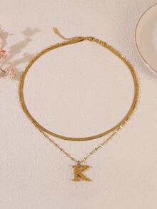 1pc Minimalist Stainless Steel Double Layer Necklace With Uppercase Letter Pendant, Suitable For Women's Daily Wear Or As A Gift For Friends - Yellow Gold - View 35
