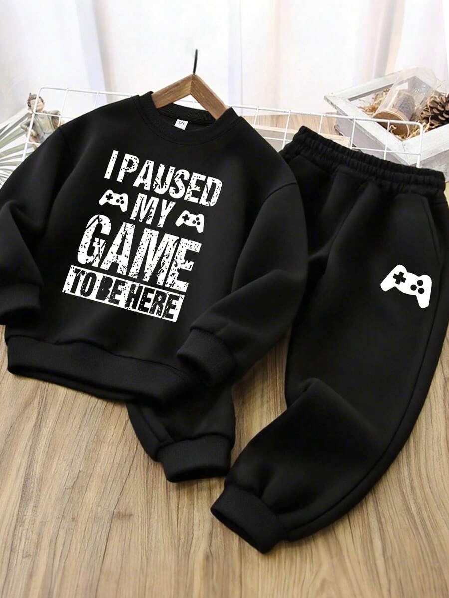 2pcs Set Boy Game - Element Sweatshirt Set, Soft Fabric, Spring & Autumn Streetwear & Game Enthusiast Party Style - Black - View 1